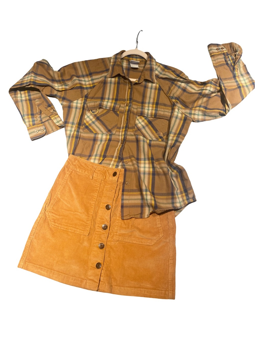 The North Face Girls Plaid Button-Down Shirt in Mustard and Olive